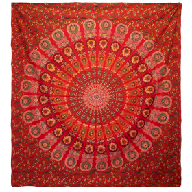 Double Cotton Bedspread + Wall Hanging - Peacock Mandala - Red