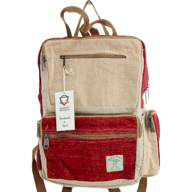 Large Boxy Hemp Backpack - Wine & Cream